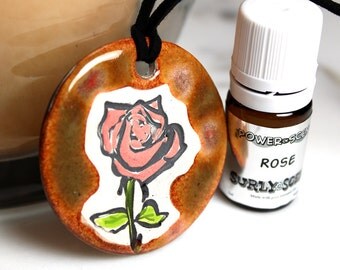 Rose Scented Ceramic Necklace with Rose Essential Oil in Brown and Red medium size