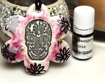 Rose Scented Day of the Dead Skull Ceramic Necklace with Rose Essential Oil in Pink