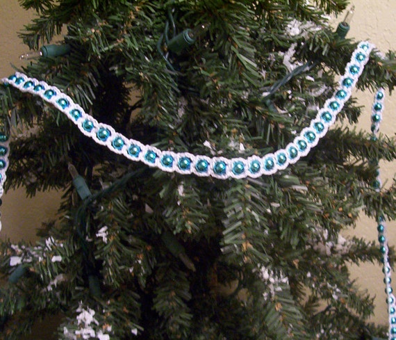 crochet white on turquoise beaded christmas garland 18 crochet white on turquoise beaded christmas garland 18