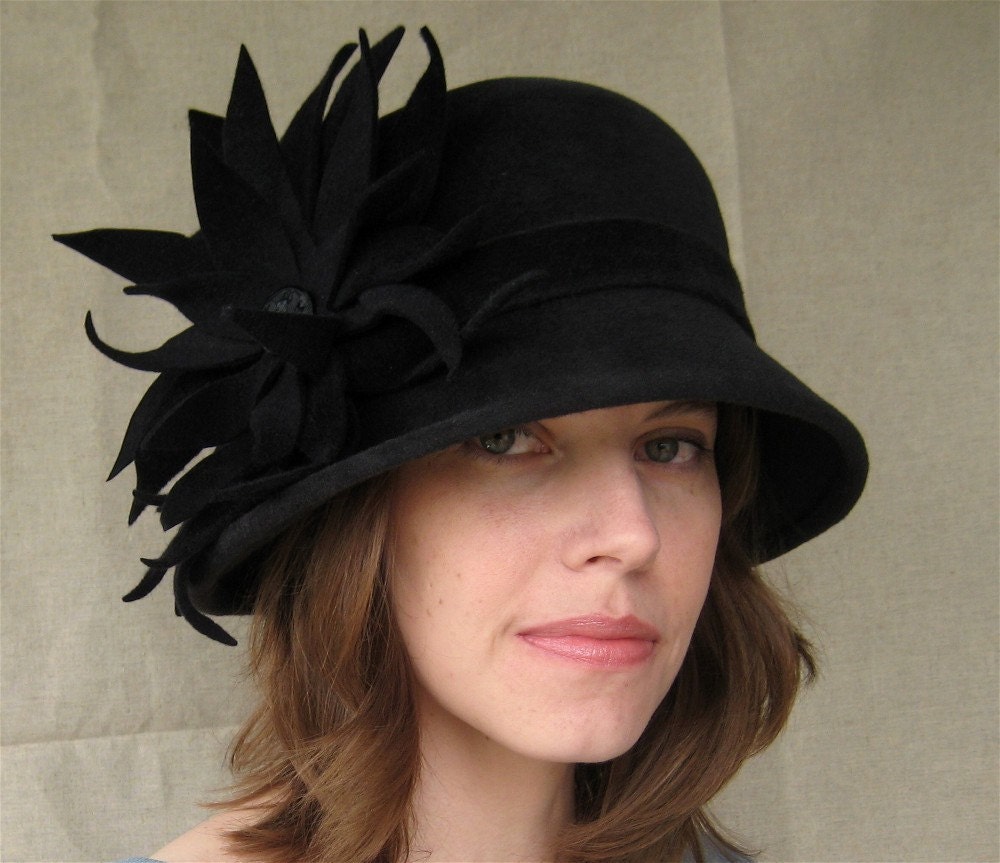 Charcoal Gray Felt Hat with Large Flower Handmade Millinery