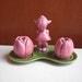 Vintage Dutch Girl Tulips Salt and Pepper Shakers Set : Rose Pink Grass Green