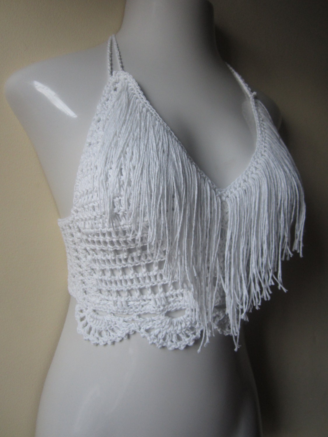 Crochet Fringe Cropped Halter Top White Festival Bikini 