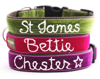 Personalized Velvet Dog Collar (14 colors to choose from) - Custom Dog Collar - Hand Embroidered Collar with your dog's name