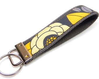 Key Fob/ Wristlet/ Keychain / Aviary 2/ Joel Dewberry/Flowers/ Charcoal and Yellow