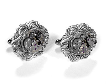 Mens Watch Cufflinks Ruby Jeweled Watch Mens Cuff Links Silver ART NOUVEAU Wedding Anniversary Fathers Day - Steampunk Jewelry by edmdesigns
