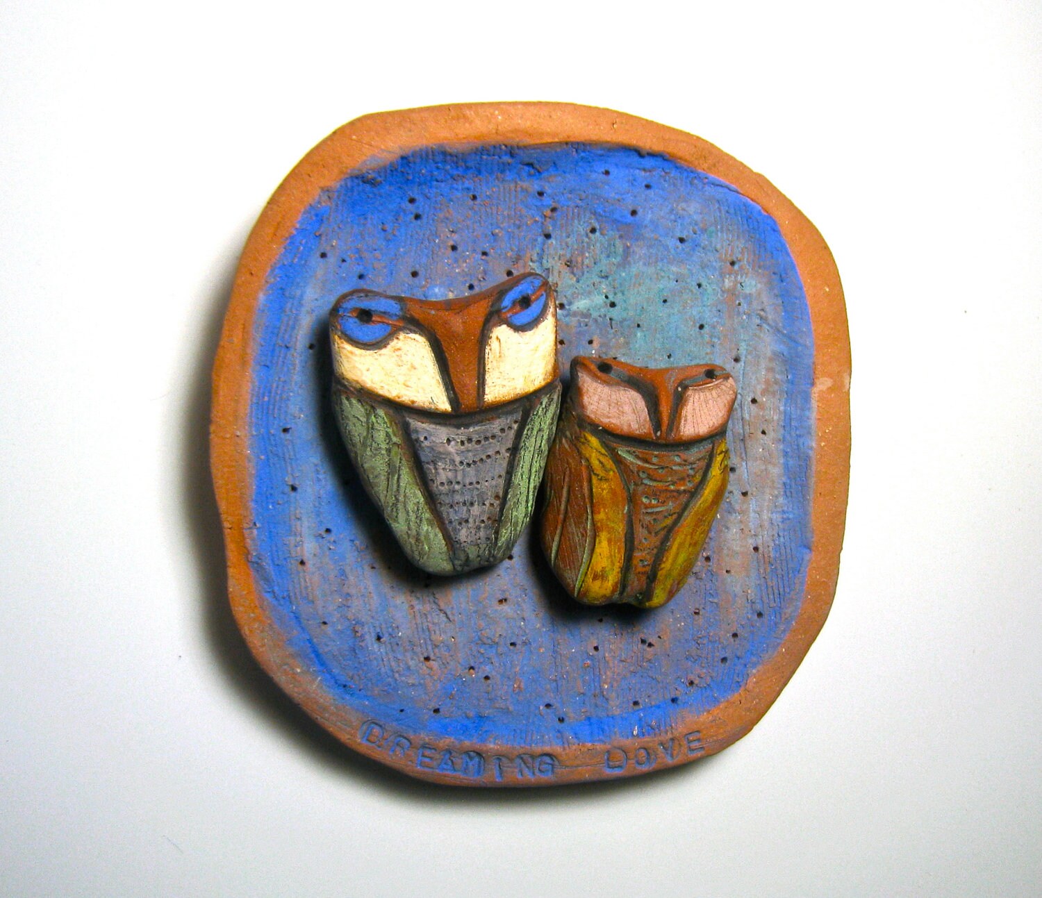 Owl clay sculpture wall hanging Owl Couple Dreaming Love