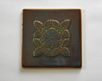Handmade Ceramic Tile with Flower Design, Reproduction Tile