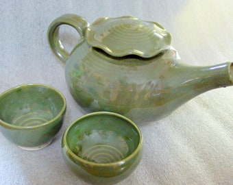 Sage Green Tea Set - Wheel Thrown Pottery Teapot and Two Cups