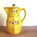 Vintage Pitcher Japanese Yellow Flowers and Plaid Handpainted Cottage Chic Pitcher with Lid