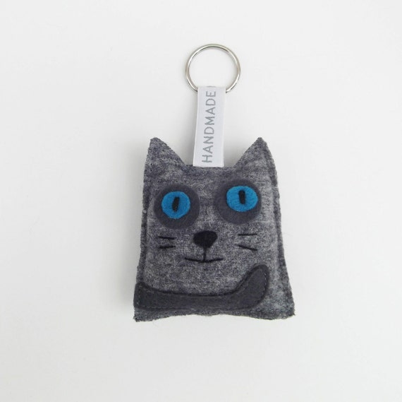 Grey cat wool and felt keychain or decoration