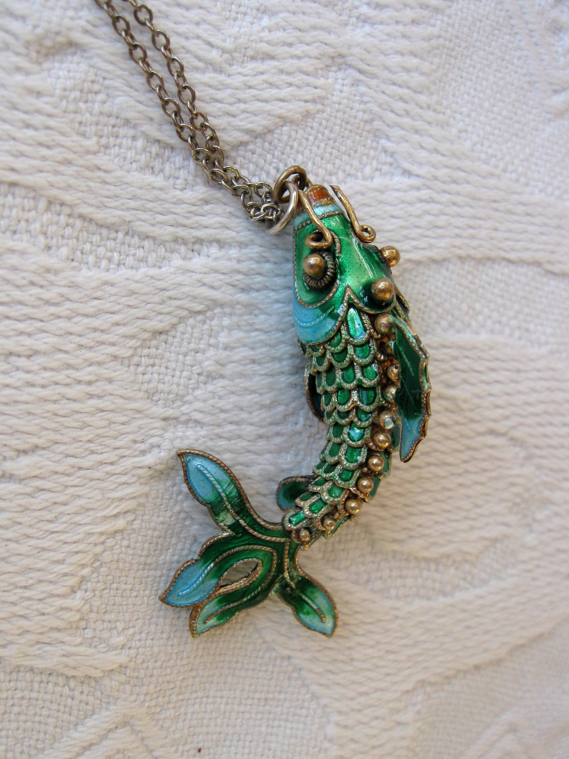 Vintage Enamel Fish Pendant Necklace Beautiful Color and