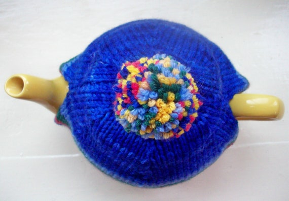 Pompom Tea Cosy  fun knit Teapot Cozy  blue by SpinningStreak