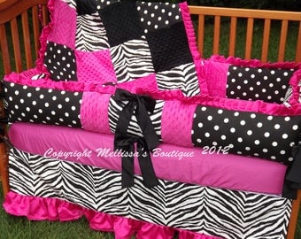 Custom Hot Pink Black And White Zebra Ruffled Crib Bedding Complete 4-Piece Set CHOICE & CUSTOMIZE