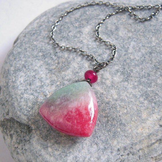 Watermelon Jade Pendant Oxidized Sterling Silver Necklace Red