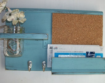 Wood Robin Egg Blue Wall Shelf Cork Bulletin Board Message Center With Letter Holder and Mason Jar
