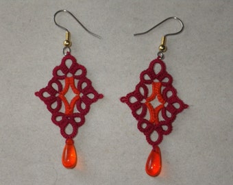 VA Tech Maroon & Orange tatted earrings, tatting jewelry, Hokie, Virginia Tech, lightweight, large earrings, handmade lace