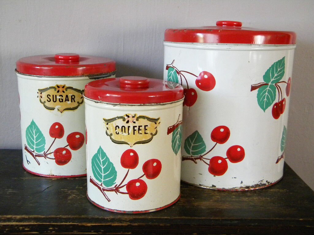 Vintage Set of Decoware Cherry Canisters