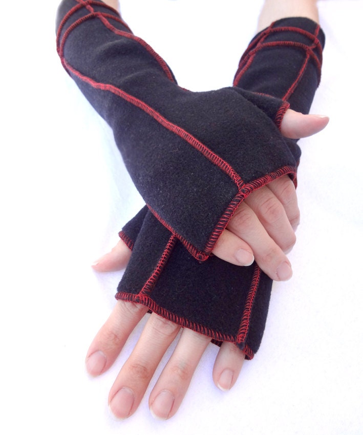 Rocker Black Recycled Fleece Fingerless Gloves Extra Long