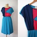 vintage. geometric. cotton. summer dress. short sleeves. medium. m. aqua and pink.