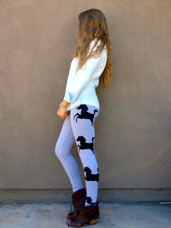 Grey Leggings with Print of Horses in Black by malu7 on Etsy