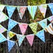 bunting - garland - banner - vintage linens // rainbow multi color flags, pennants - soft floral pastel bias/trim