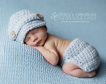 Crochet Infant Hat, Infant Newsboy Hat, Newborn Hat and Diaper Cover Set, Boy, Newborn Beanie, Newborn Boy Hat, Infant Boy Hat, Blue