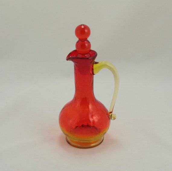 Rainbow Glass Crackle Amberina Cruet w Ball Stopper Vtg