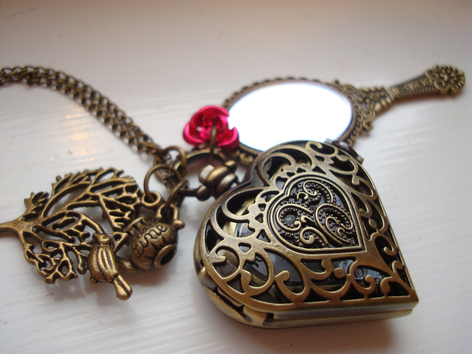 Beauty and The Beast Pocket Watch Antique Gold Mirror Necklace