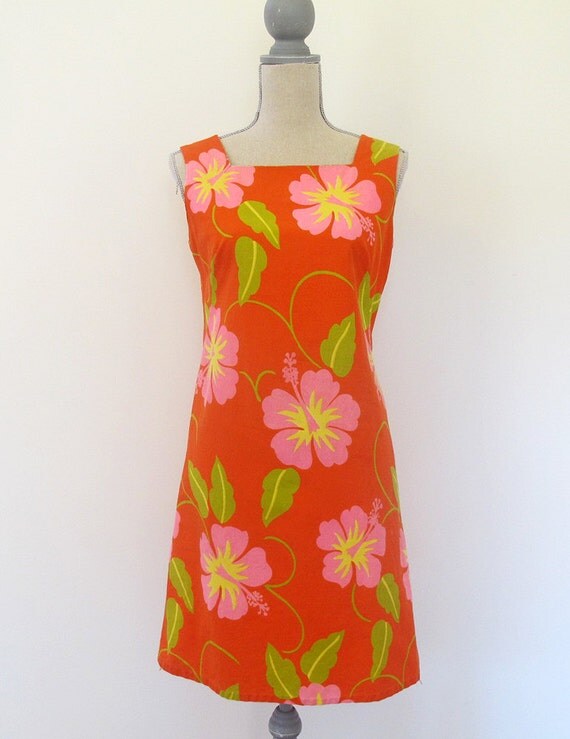 60s Malihini Red Hibiscus Print Hawaiian Shift Dress Size