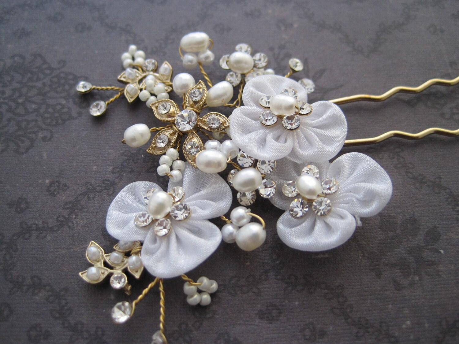 Bridal pearl hair stick gold hair pick