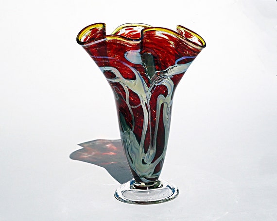 Fluted Glass Vase Red Hand Blown Free by JeffPriceArtGlass