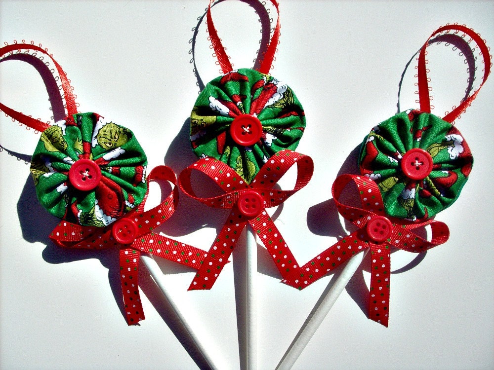 grinch fabric yoyo lollipop christmas ornaments set of 6 grinch fabric yoyo lollipop christmas ornaments set of 6