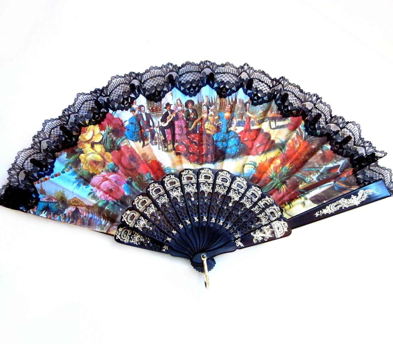 Vintage Hand Fan Black Lace Spain / Spanish Flamenco Dancer