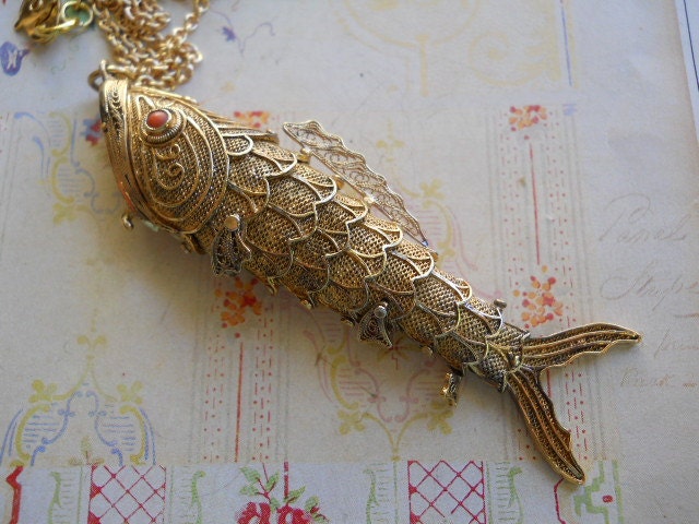Rare Large Vintage Articulated Fish Locket Sterling Silver and