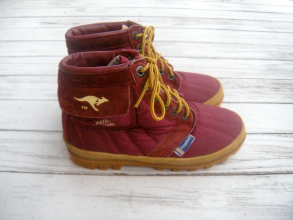 Vintage KANGAROO Quilted Waterproof Boots / Maroon & Yellow / 1980s    waterproof quilted boots