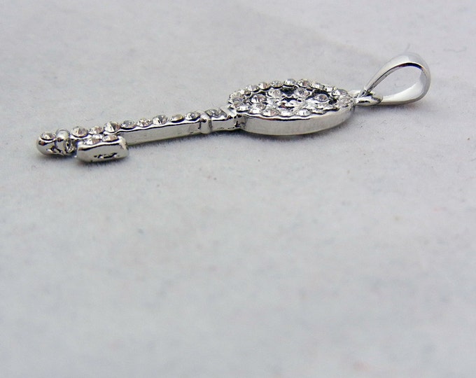 Small Rhinestone Encrusted Skeleton Key with Round Flower Top Pendant