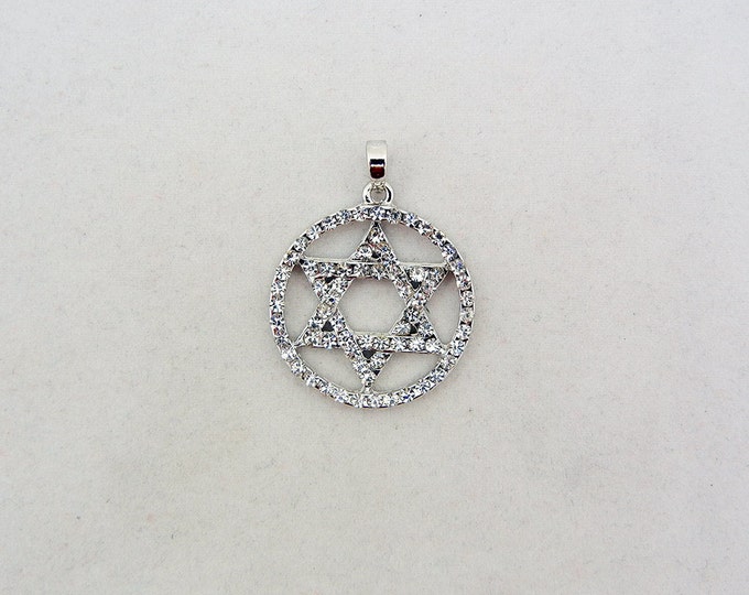 Silver-tone Rhinestone Accented Star of David in Circle Pendant