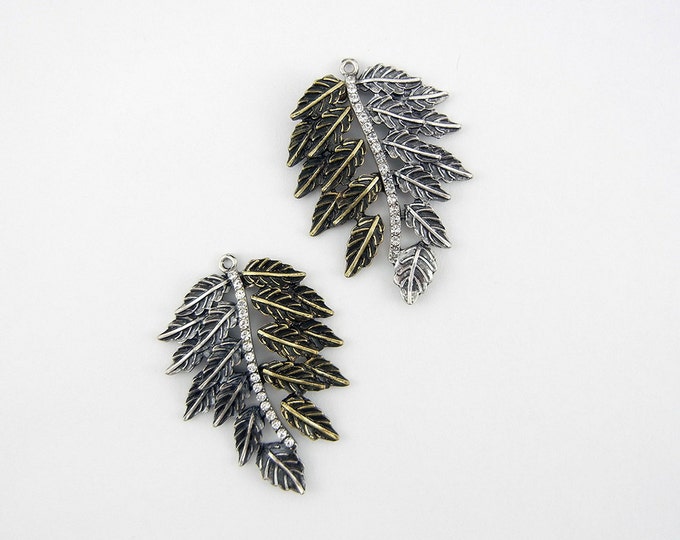 Pair of Two-tone Leaf Charms Rhinestone Vein Accented