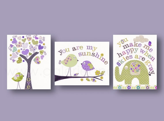 Baby Girl Nursery Decor kids art prints Nursery Wall Art tree bird elephant You Are My Sunshine Set of 3 prints by GalerieAnais