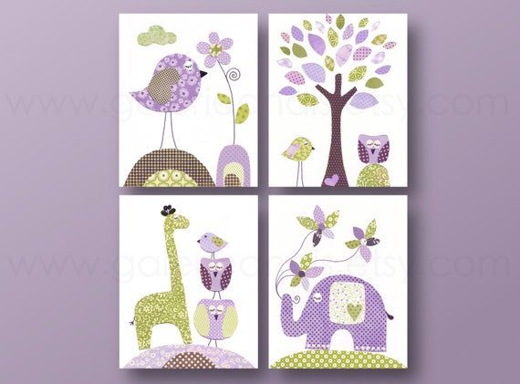 Girl Nursery Art Children art baby Nursery wall decor nursery kids art nursery print purple elephant giraffe Birds tree Set of 4 prints by GalerieAnais