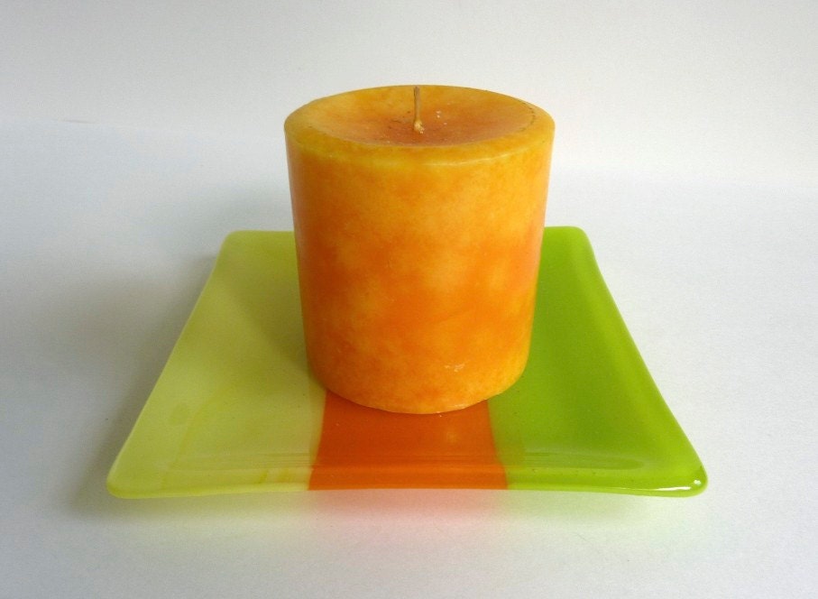 Citrus Stripes Fused Glass Plate in Yellow Orange and Green