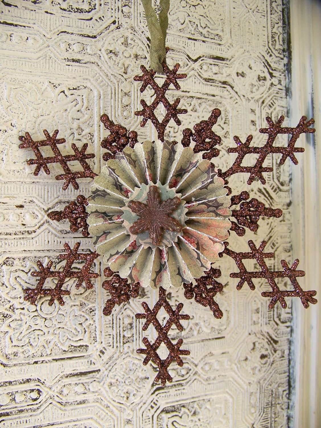 Handmade Christmas Ornament Vintage Christmas Snowflake Ornament Glitter Snowflake Rosette Vintage Ornament