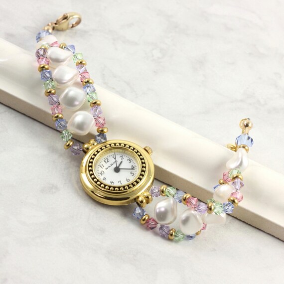Items similar to Pearl Watch Bracelet Pastel Pink Green Blue Bracelet