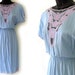 80s Periwinkle with Pink Floral Embroidery Open Cutout Rayon Dress S M NWT
