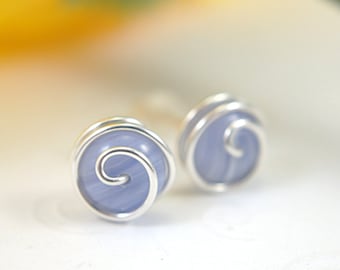 Blue lace agate post earrings rosebud spiral earrings gemstone 925 sterling silver or 14k gold filled wire wrapped stud earrings periwinkle