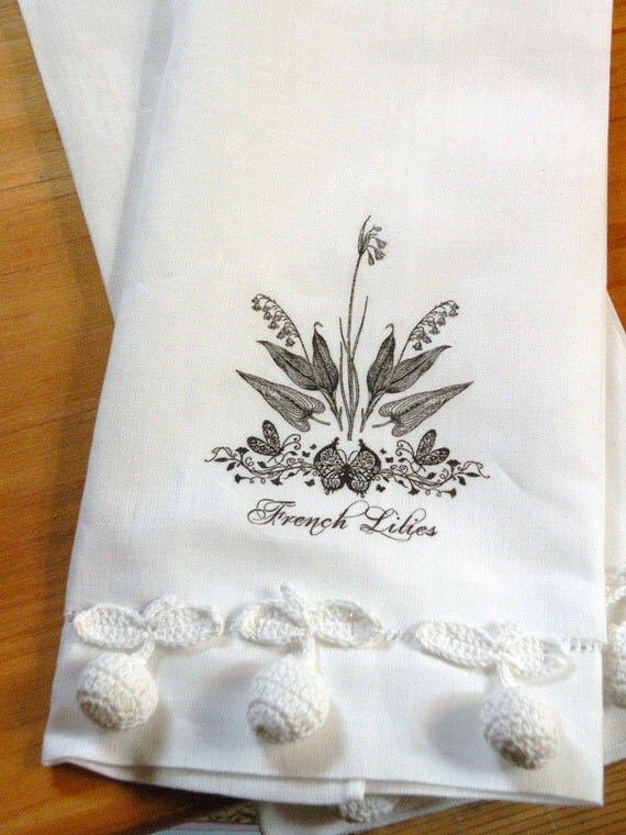 pom cotton wholesale trim pom Two Gift French Guest Linen  Towels Lilies Image Cotton Screenprinted