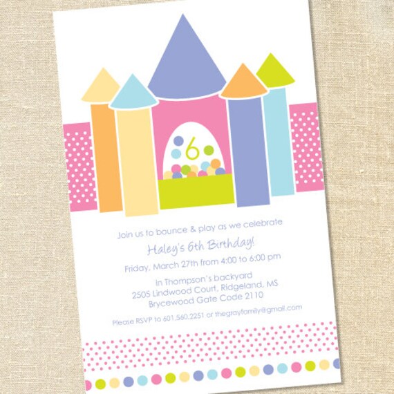 Sweet Wishes Girl's Bounce Jump House Inflatable Party Invitations - PRINTED - Digital File Also Available Il_570xn