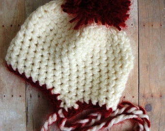 SALE Baby Hat, Knit Newborn Hat, Baby Photo Prop, Pom Pom Baby Hat, Newborn Photo prop