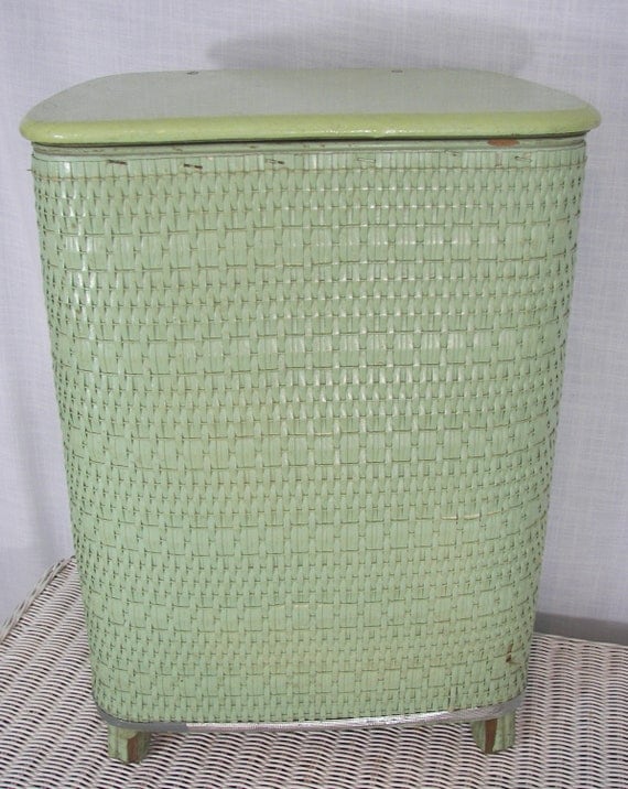 Vintage Wicker Laundry Hamper Mint Green