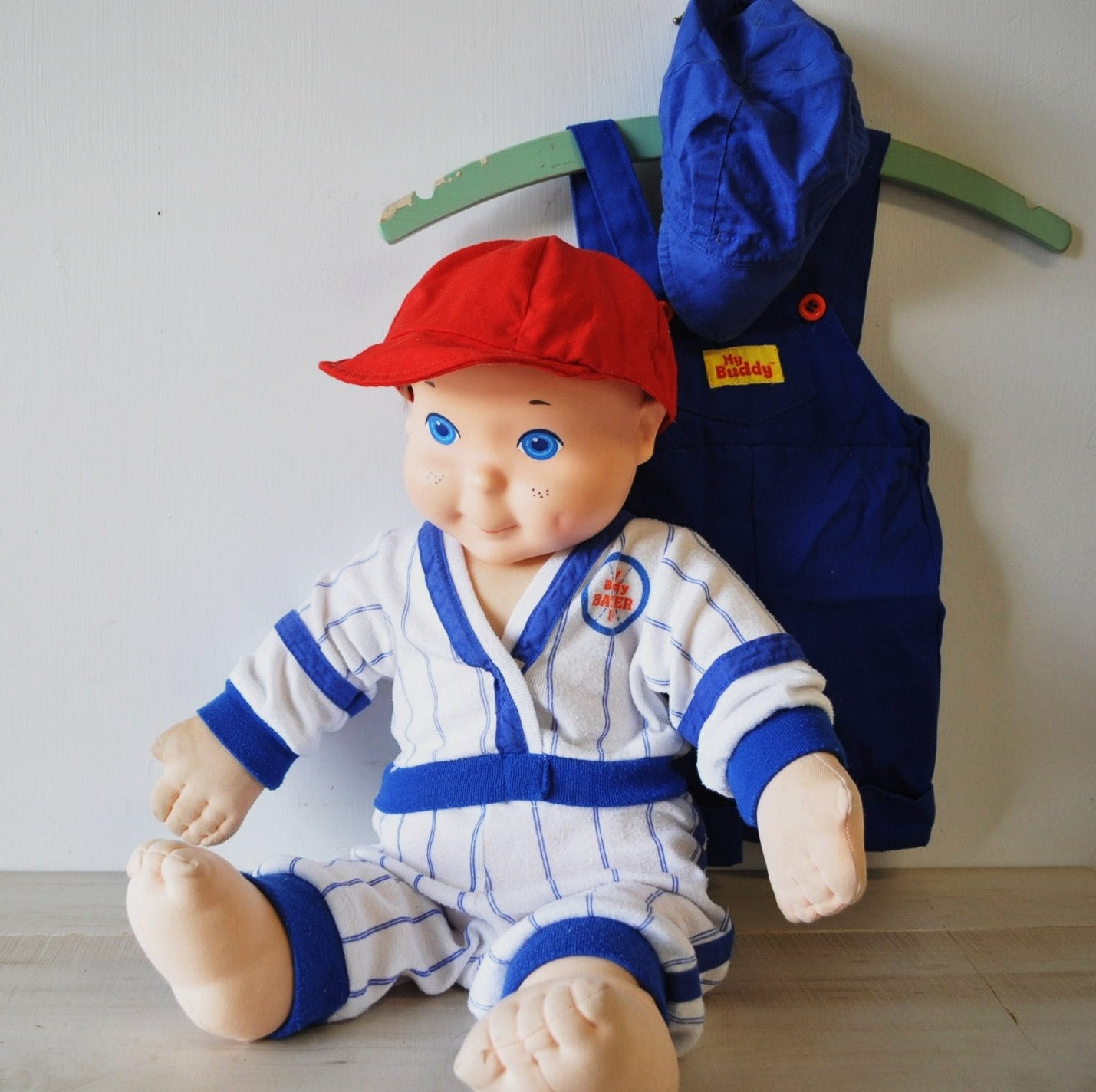 vintage My Buddy doll with baseball clothes hats and